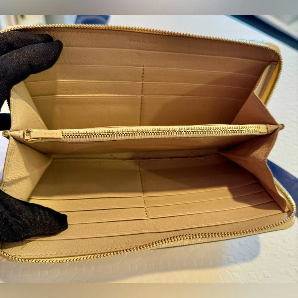 Celine Beige Leather Zip Around Continental Wallet Authentic